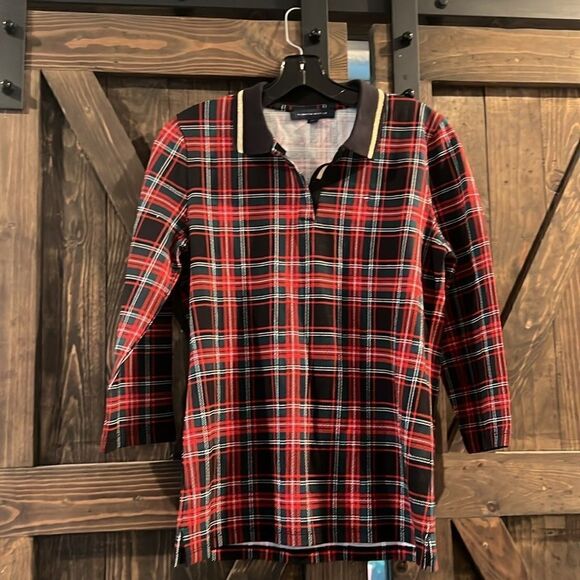 New Tommy Hilfiger Johnny-Collar 3/4-Sleeve Plaid Top - Picture 2 of 13